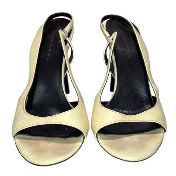 Balenciaga, Women Heel Sandals Patent Leather Slingback, Cream, 7.5 US, 37.5 EUR