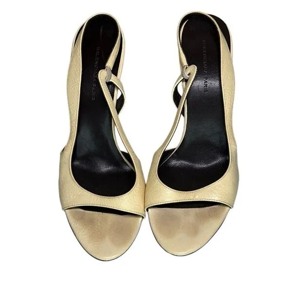 Balenciaga, Women Heel Sandals Patent Leather Slingback, Cream, 7.5 US, 37.5 EUR