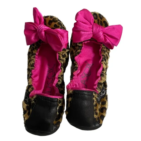 Ballasox Foldable Ballet Flats Faux Fur Animal Print W/Bow Size 6