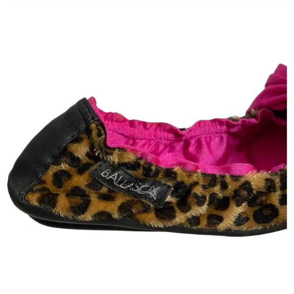 Ballasox Foldable Ballet Flats Faux Fur Animal Print W/Bow Size 6