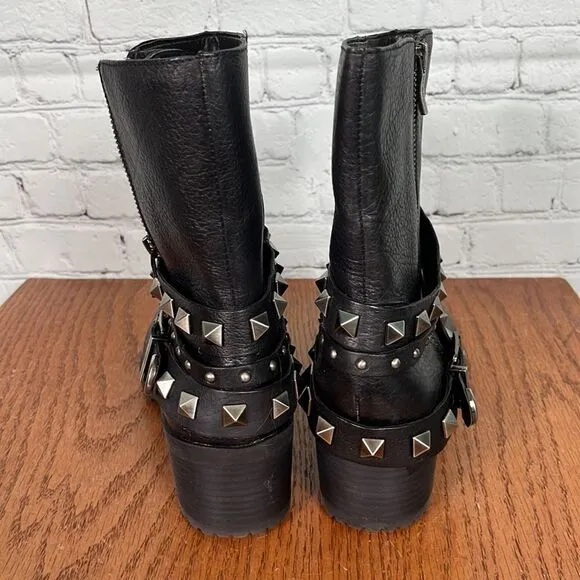 BCBG Leather Buckram Option HEELED LOW BOOTS w/studs &amp; buckles like new