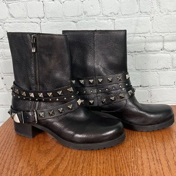 BCBG Leather Buckram Option HEELED LOW BOOTS w/studs &amp; buckles like new