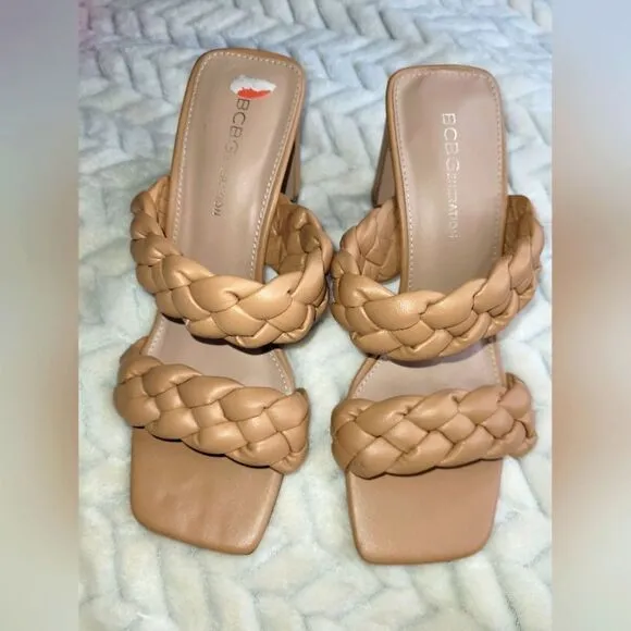 BCBGeneration Open-Toe Heels, sz 7, tan.