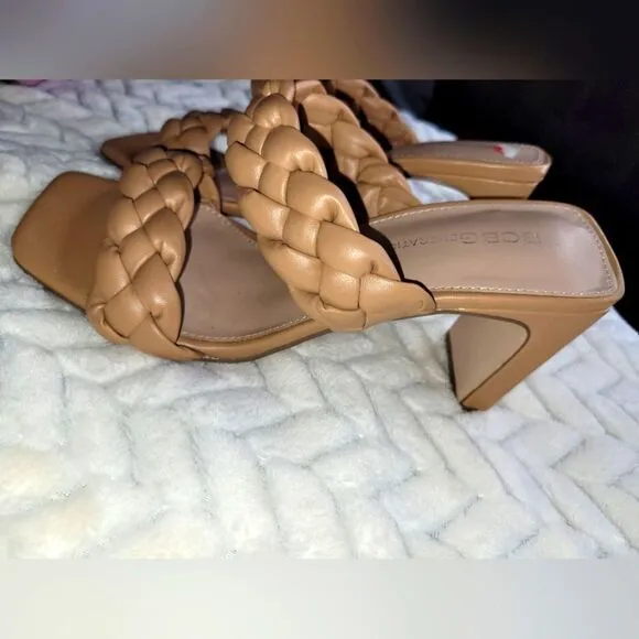 BCBGeneration Open-Toe Heels, sz 7, tan.