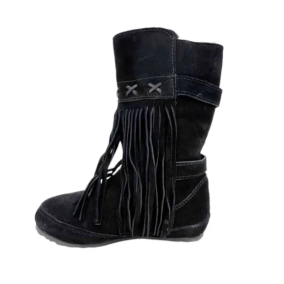 Bearpaw Boots Krystal Fringed Mid-Calf Suede Leather Black Size 3* NeverWet New