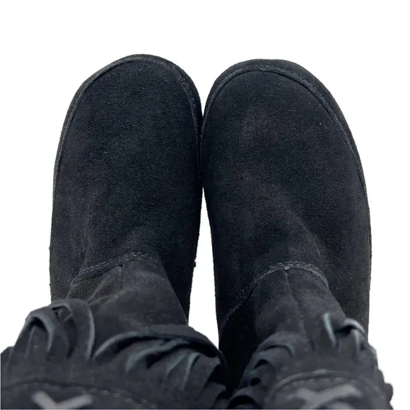 Bearpaw Boots Krystal Fringed Mid-Calf Suede Leather Black Size 3* NeverWet New