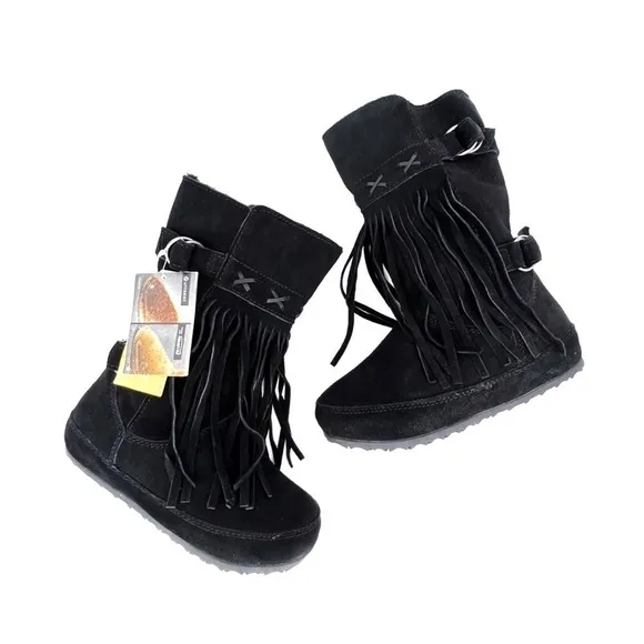 Bearpaw Boots Krystal Fringed Mid-Calf Suede Leather Black Size 3* NeverWet New