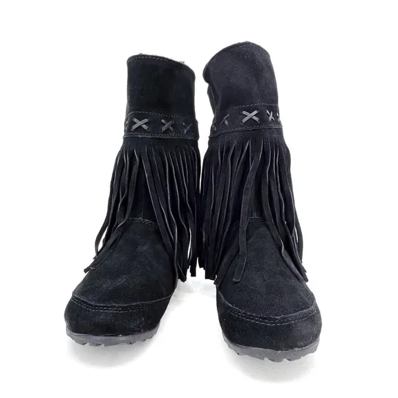 Bearpaw Boots Krystal Fringed Mid-Calf Suede Leather Black Size 3* NeverWet New