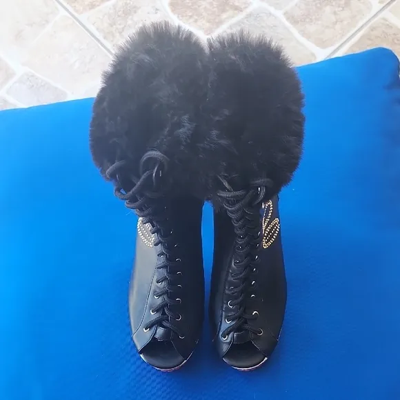 Bebe Black and Gold Lace Up Boots with Chunky Heel