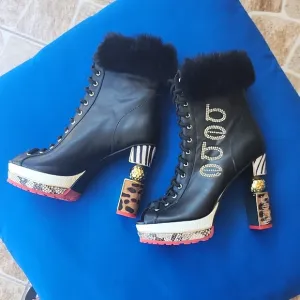 Bebe Black and Gold Lace Up Boots with Chunky Heel