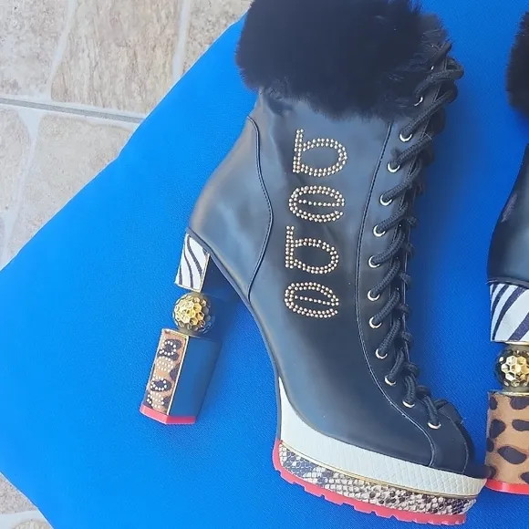 Bebe Black and Gold Lace Up Boots with Chunky Heel