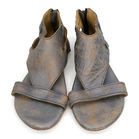 Bed Stu Bedstu Soto Gray Lux Rustic Open Toe Leather Sandals $175 Back Zip 6M