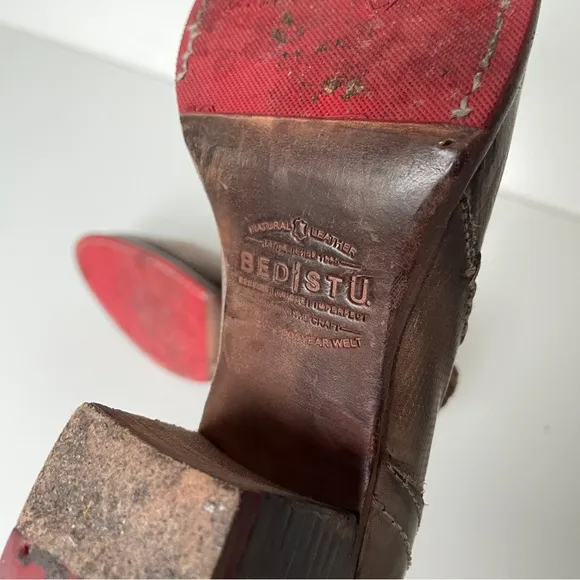 Bed Stu Carla Light Brown Taupe Leather Stacked Wooden Heel Ankle Bootie 7.5