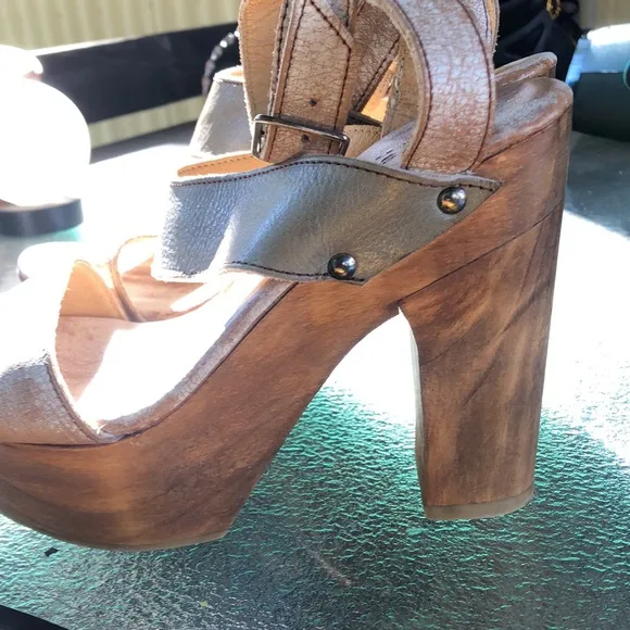 BED STU Tan Brown Cream Washed Clog Heeled Strapped Open Toe Sandals