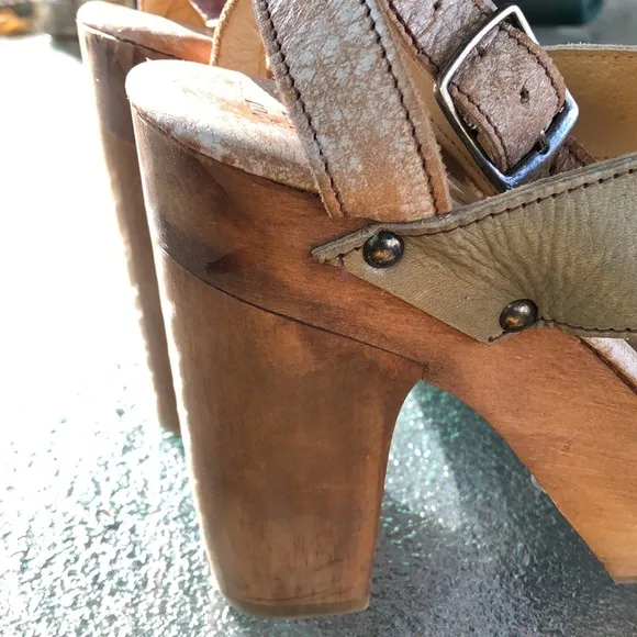 BED STU Tan Brown Cream Washed Clog Heeled Strapped Open Toe Sandals
