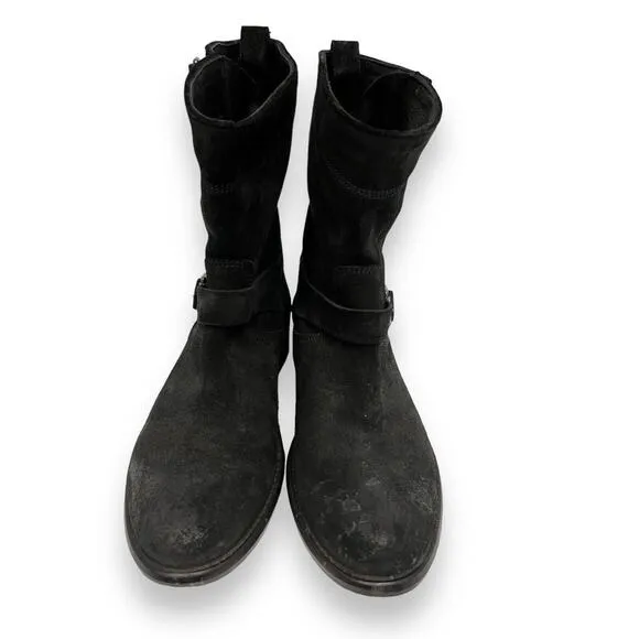 BELSTAFF Black Suede Bedford Buckle Accents Moto Mid Calf Booties Boots 36.5