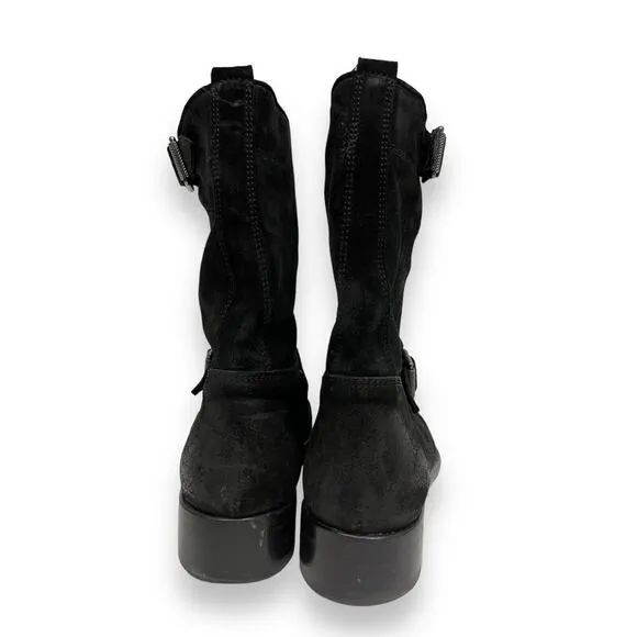 BELSTAFF Black Suede Bedford Buckle Accents Moto Mid Calf Booties Boots 36.5