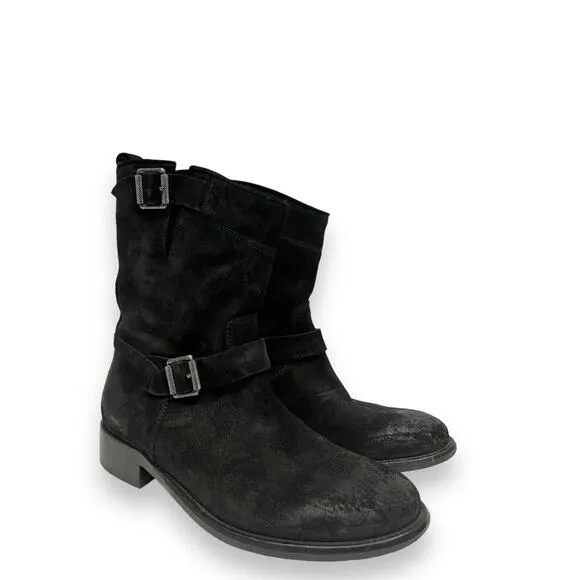 BELSTAFF Black Suede Bedford Buckle Accents Moto Mid Calf Booties Boots 36.5