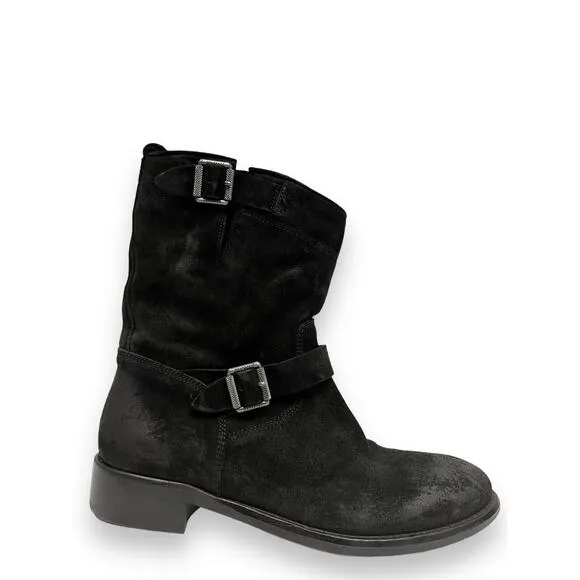 BELSTAFF Black Suede Bedford Buckle Accents Moto Mid Calf Booties Boots 36.5