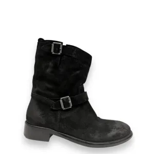 BELSTAFF Black Suede Bedford Buckle Accents Moto Mid Calf Booties Boots 36.5