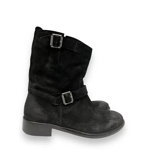BELSTAFF Black Suede Bedford Buckle Accents Moto Mid Calf Booties Boots 36.5