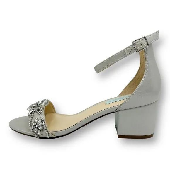 Betsey Johnson Women's Mel Jeweled Block Heels Sandals Silver Sz 8.5 WIDE