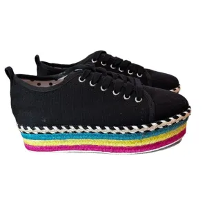 Betsy Johnson black canvas rainbow espadrille platform flats sneaker shoe size 8