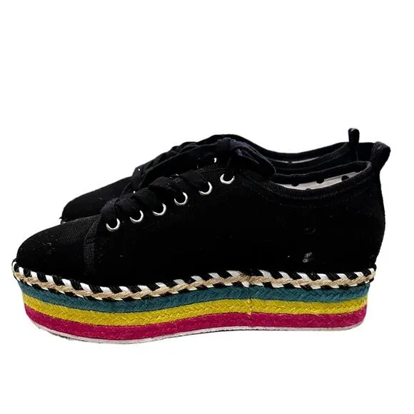 Betsy Johnson black canvas rainbow espadrille platform flats sneaker shoe size 8