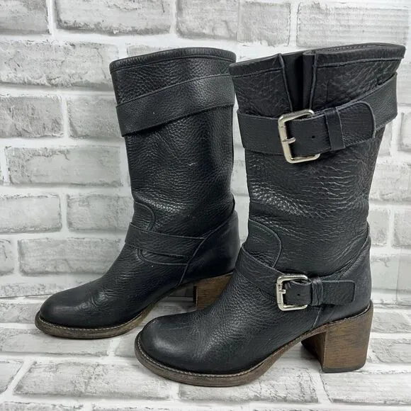 Bianco Easy Women 's 38 /7.5 US Black Leather Buckle Moto Mid Calf Chunky Boots