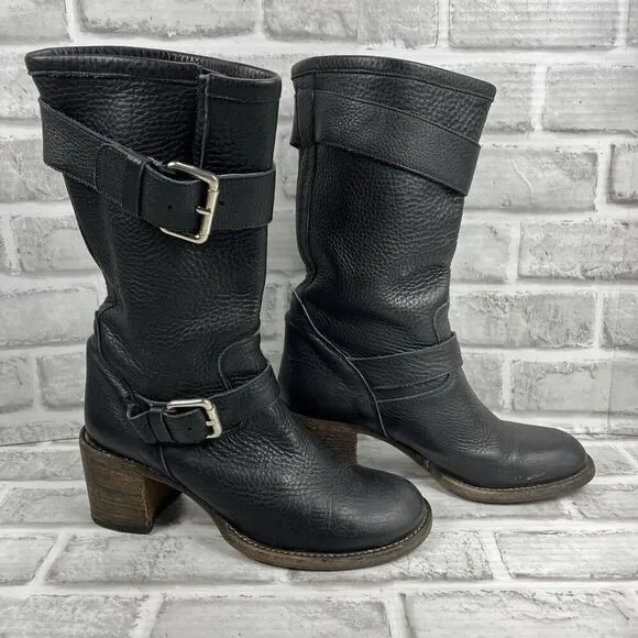 Bianco Easy Women 's 38 /7.5 US Black Leather Buckle Moto Mid Calf Chunky Boots