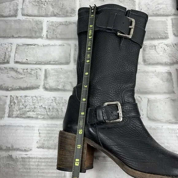Bianco Easy Women 's 38 /7.5 US Black Leather Buckle Moto Mid Calf Chunky Boots
