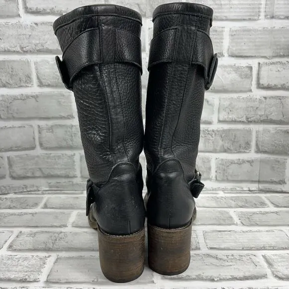 Bianco Easy Women 's 38 /7.5 US Black Leather Buckle Moto Mid Calf Chunky Boots