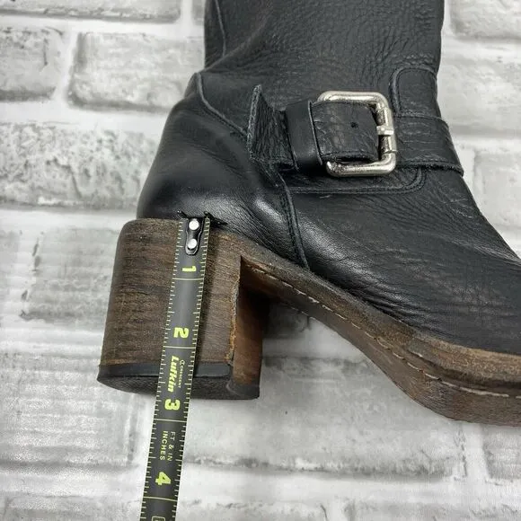 Bianco Easy Women 's 38 /7.5 US Black Leather Buckle Moto Mid Calf Chunky Boots