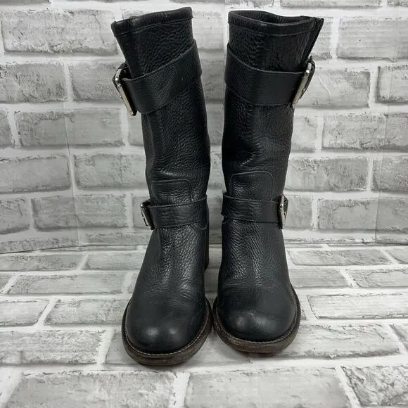 Bianco Easy Women 's 38 /7.5 US Black Leather Buckle Moto Mid Calf Chunky Boots