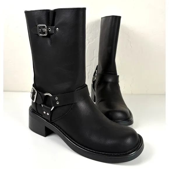 Billini Oreta Mid Calf Moto Boot Women's Size 7 Black Silver Buckle NWOB