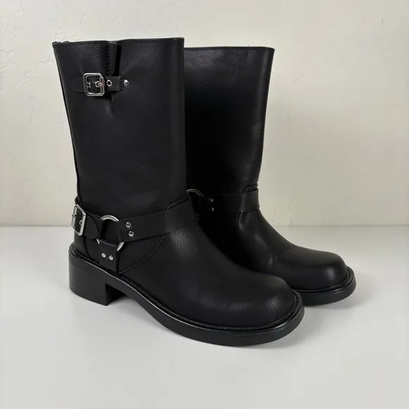 Billini Oreta Mid Calf Moto Boot Women's Size 7 Black Silver Buckle NWOB