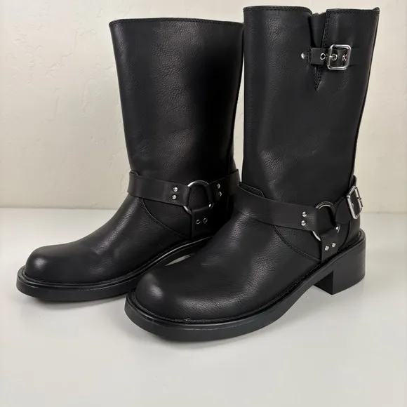 Billini Oreta Mid Calf Moto Boot Women's Size 7 Black Silver Buckle NWOB