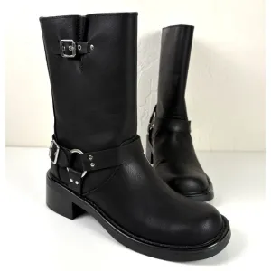 Billini Oreta Mid Calf Moto Boot Women's Size 7 Black Silver Buckle NWOB