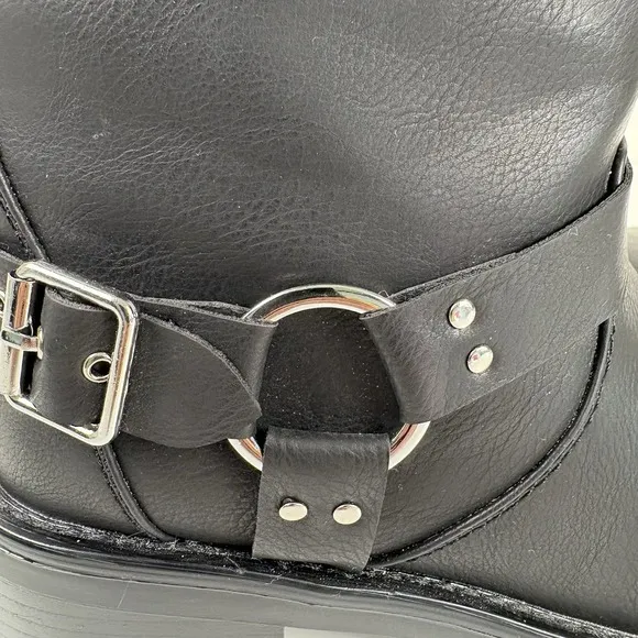 Billini Oreta Mid Calf Moto Boot Women's Size 7 Black Silver Buckle NWOB