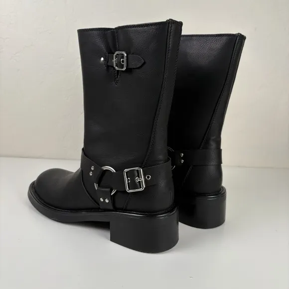 Billini Oreta Mid Calf Moto Boot Women's Size 7 Black Silver Buckle NWOB