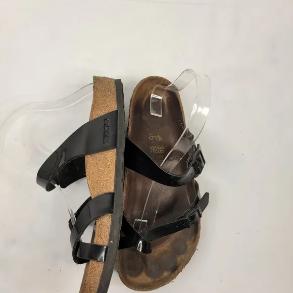 Birkenstock 39/8 Mayari Sandals Birko Flor Pattern Leather Black