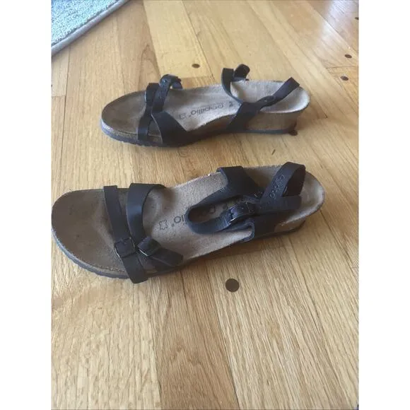 Birkenstock 40 / US 9.5 Womens Papillio Lana Strap Sandals Black Leather Wedge