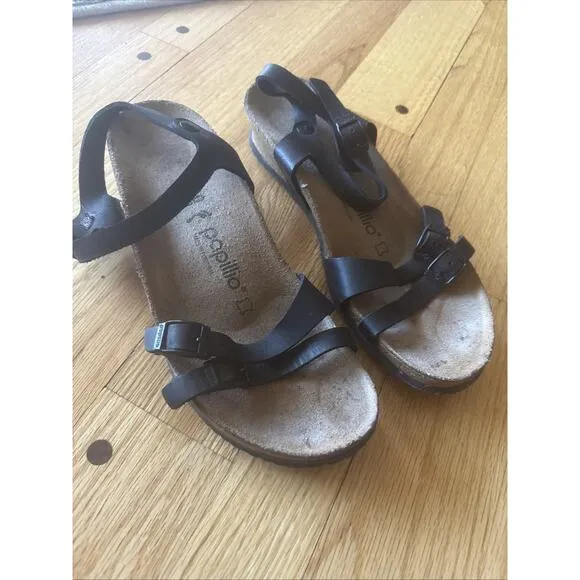 Birkenstock 40 / US 9.5 Womens Papillio Lana Strap Sandals Black Leather Wedge