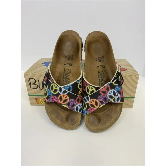 Birkenstock Birki’s Santosa Black Peace Signs Cross Strap Sandals US 5.5-6 EU 36