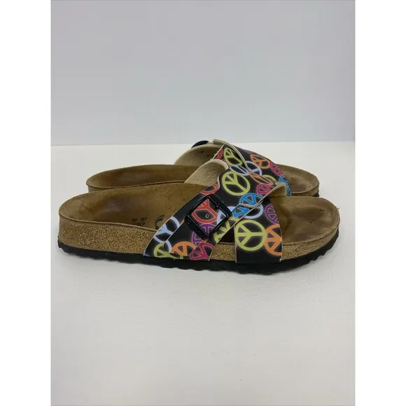 Birkenstock Birki’s Santosa Black Peace Signs Cross Strap Sandals US 5.5-6 EU 36