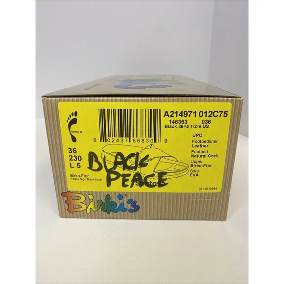 Birkenstock Birki’s Santosa Black Peace Signs Cross Strap Sandals US 5.5-6 EU 36