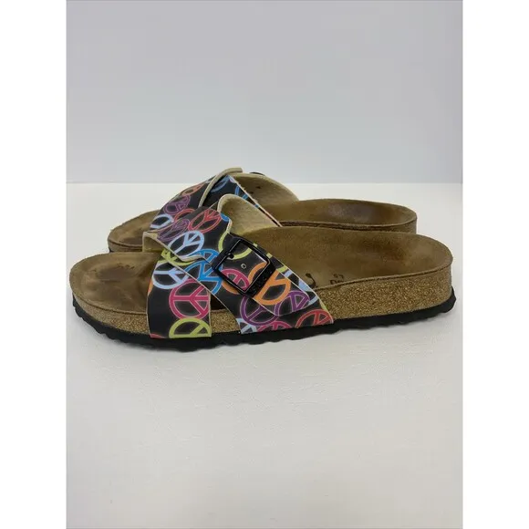 Birkenstock Birki’s Santosa Black Peace Signs Cross Strap Sandals US 5.5-6 EU 36
