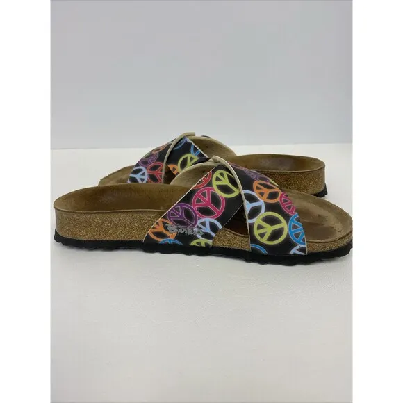 Birkenstock Birki’s Santosa Black Peace Signs Cross Strap Sandals US 5.5-6 EU 36