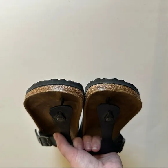 Birkenstock Black Leather Gizeh Slide On Sandals