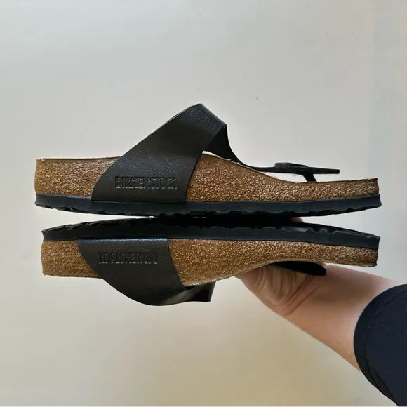 Birkenstock Black Leather Gizeh Slide On Sandals